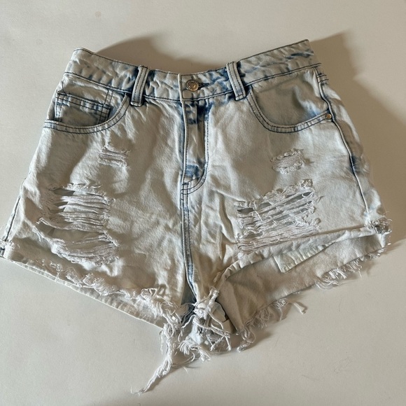 High Waist Blue Distressed Denim Shorts - Picture 1 of 4